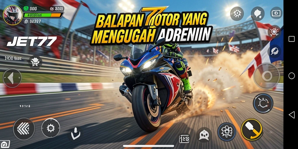 Tangkapan layar gameplay JET77 yang menggambarkan balapan motor yang seru dan kompetitif.