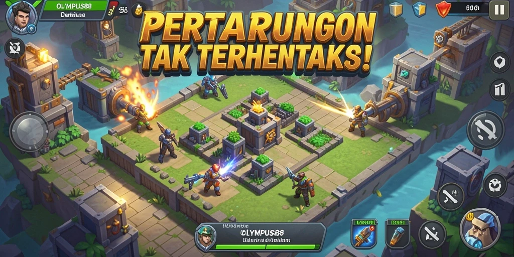 Tampilan gameplay OLYMPUS88 dengan aksi Tower Defense yang intens.