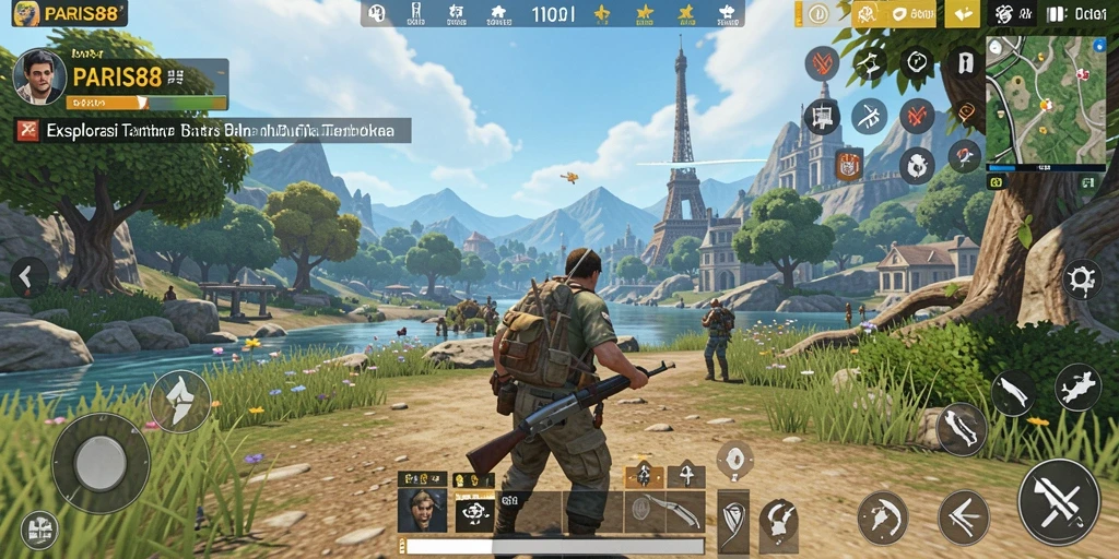Tangkapan layar gameplay PARIS88 yang menunjukkan eksplorasi dunia yang luas.